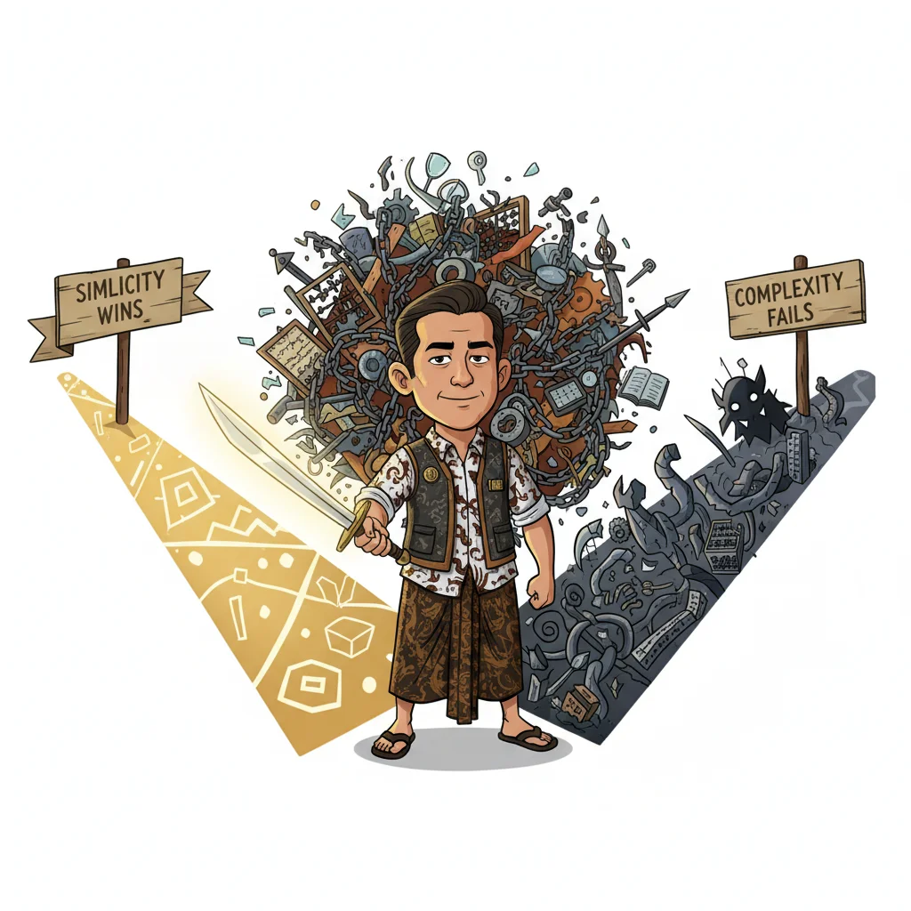 Trader choosing simple clarity over complex confusion, holding single sword with tangled tools behind