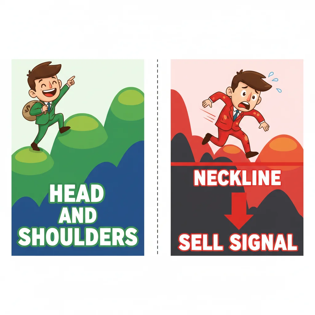 Cartoon trader climbing three mountain peaks showing head and shoulders pattern, then sliding down past neckline indicating sell signal