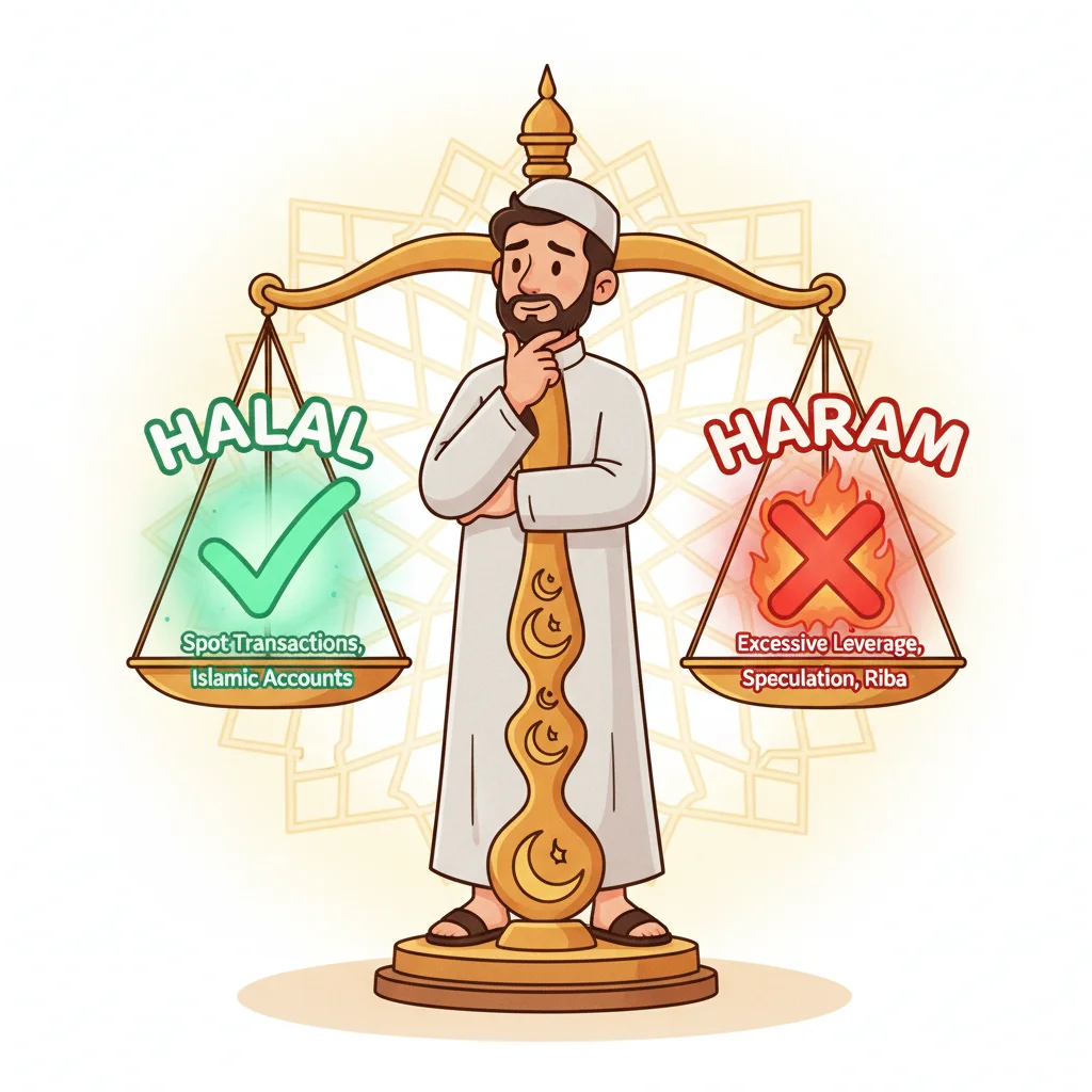 Cartoon trader contemplating a balance scale with halal and haram trading symbols