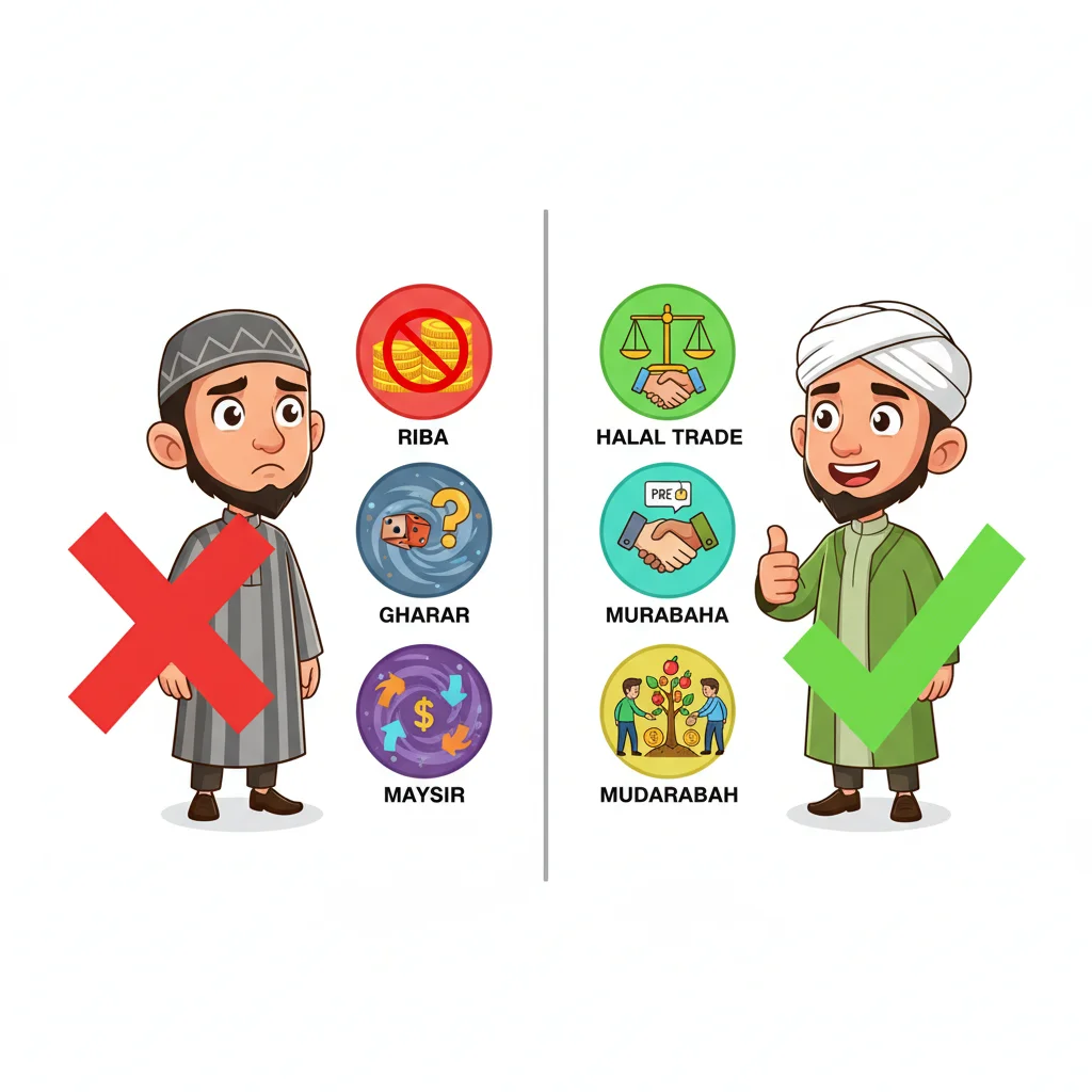 Comparison illustration of prohibited and compliant forex trading elements with cartoon characters showing concern and confidence, labeled with three haram factors: riba, gharar, and maysir
