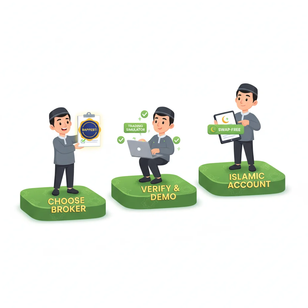 Three stepping stones showing Islamic forex trading setup phases: broker selection, account verification, and swap-free activation