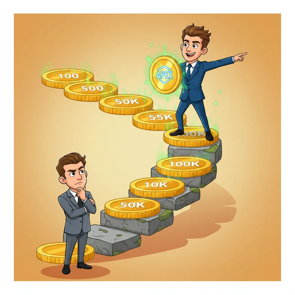 Cartoon trader climbing golden coin steps toward success with glowing shield, skeptical trader below watching