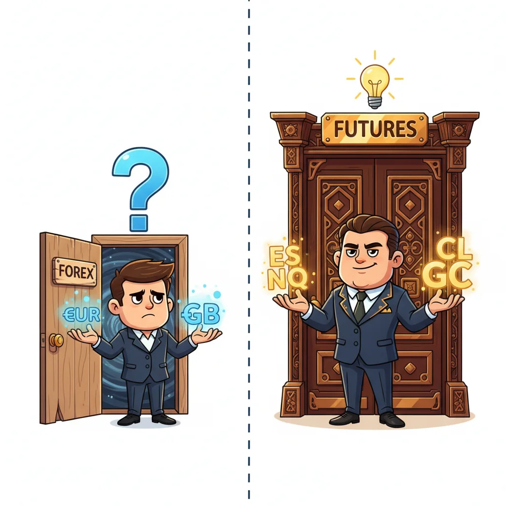 Cartoon comparison showing a confused forex trader on the left and a confident futures trader on the right, illustrating the key difference between Apex's futures-only focus and other proprietary trading firms.