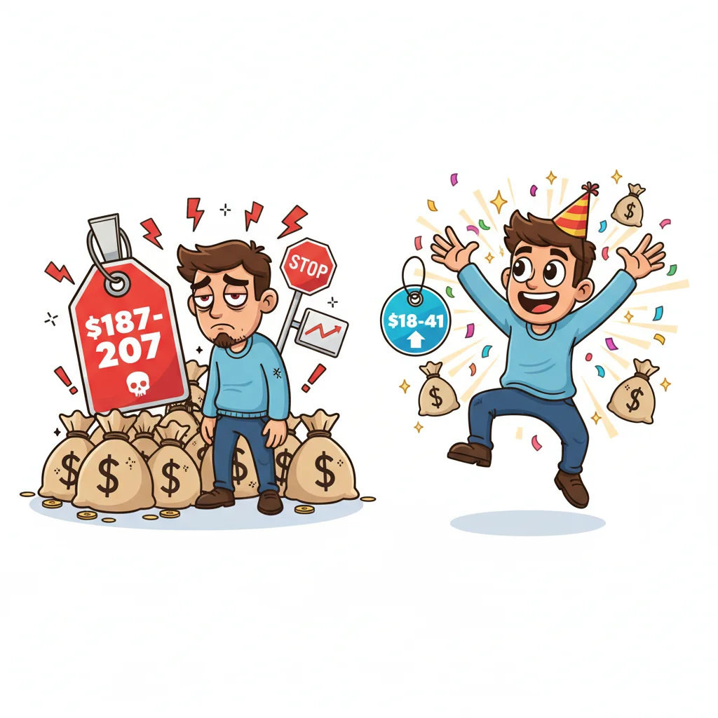 Cartoon side-by-side comparison showing trader frustration at full retail price versus celebration at discounted price