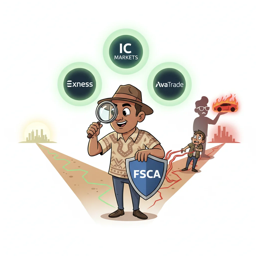 Cartoon trader choosing between 4 regulated forex apps while avoiding social media scams