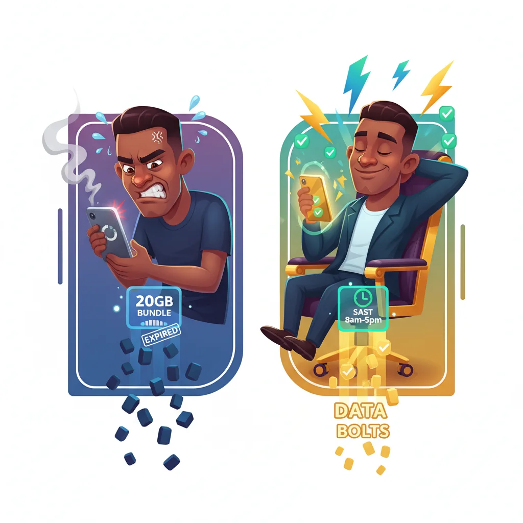 Cartoon comparison of frustrated trader with slow connection versus confident trader with fast fibre and SAST support access