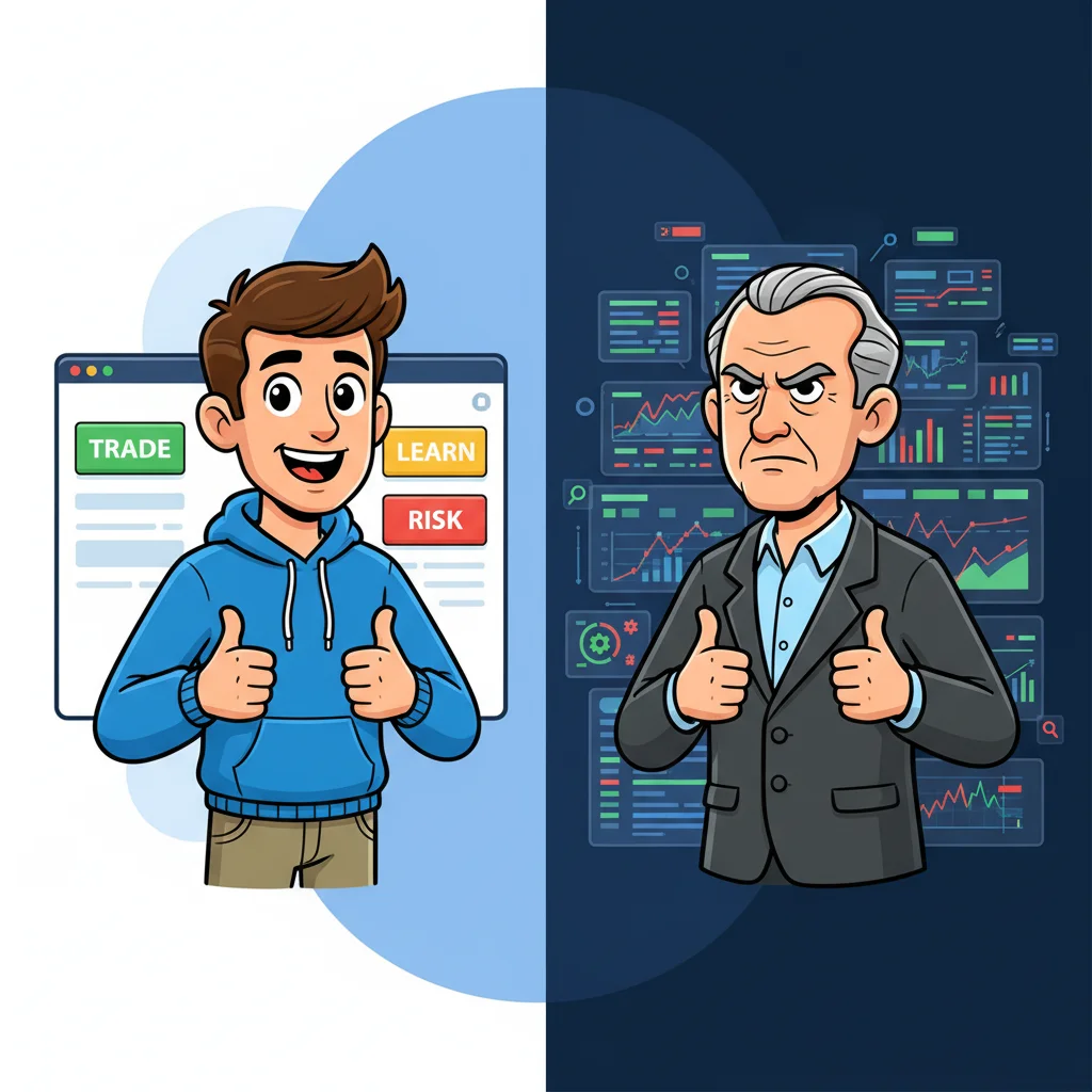 Split illustration comparing a beginner trader with simple interface controls versus advanced trader with complex dashboard setup