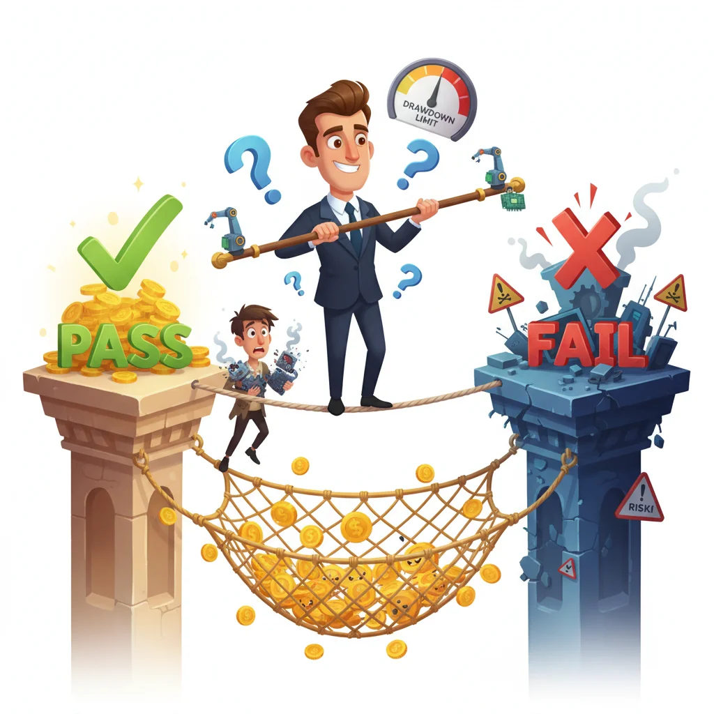 Cartoon trader balancing on tightrope between PASS and FAIL platforms with EA robots