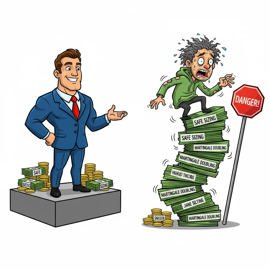 Cartoon comparison of safe trading position sizing versus risky martingale strategy showing exponentially growing instability