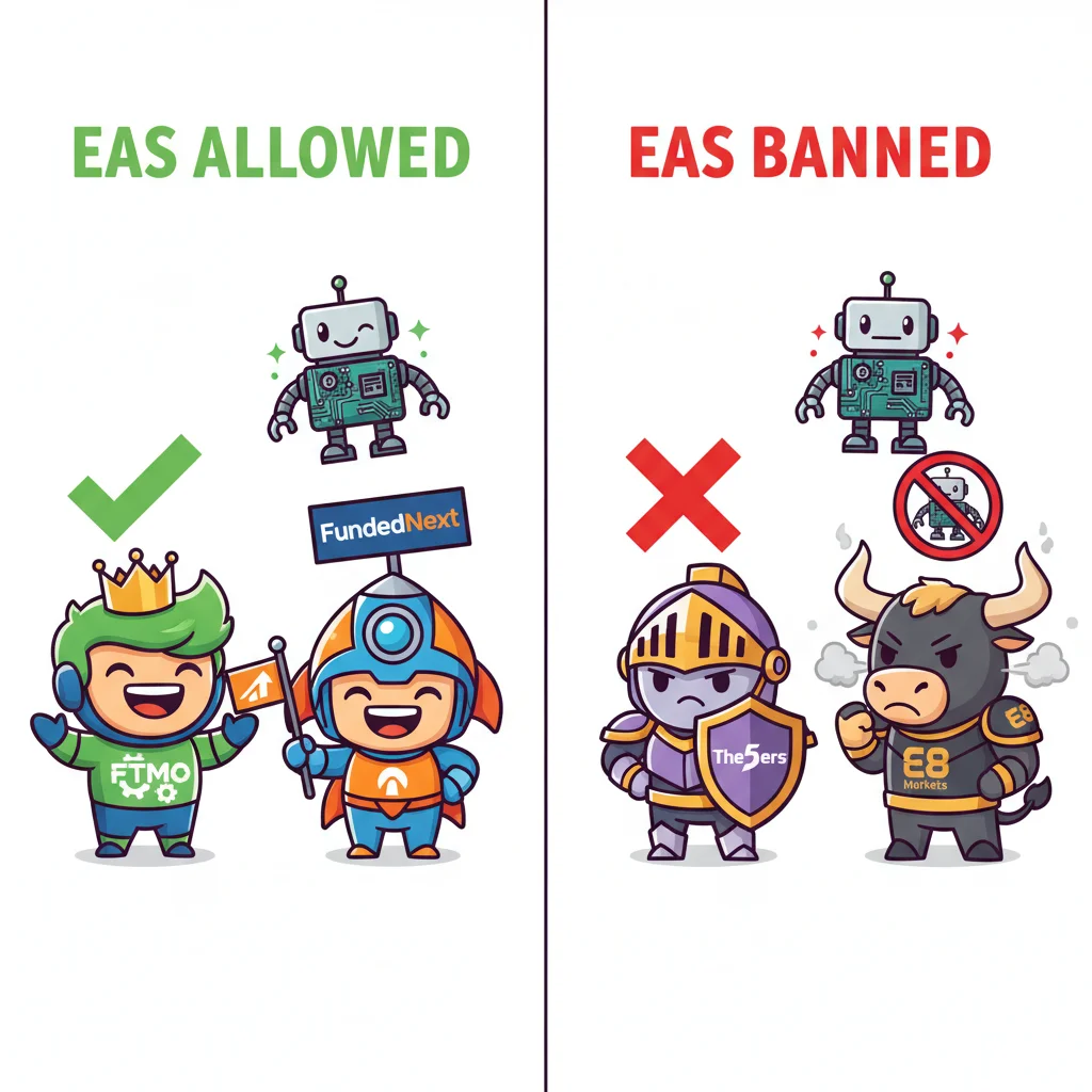 Cartoon comparison showing which prop trading firms allow automated EAs versus those that ban them, with happy and frustrated characters representing approval and rejection