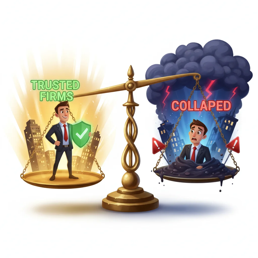 Cartoon balance scale showing trusted prop firms vs collapsed ones with expressive traders