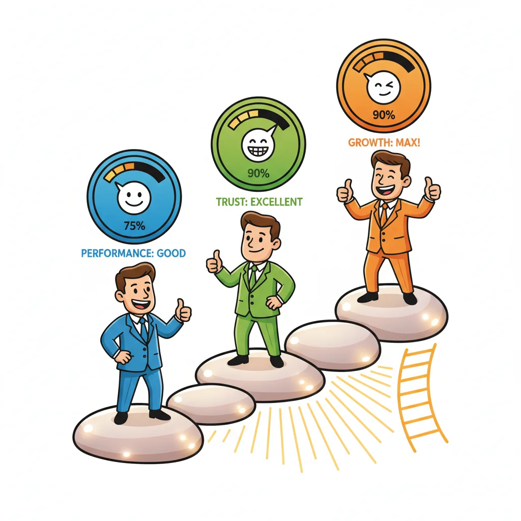 Cartoon illustration showing three competing prop traders standing on stepping stones of varying heights with satisfaction gauges above them, representing different prop firm rankings and trust ratings