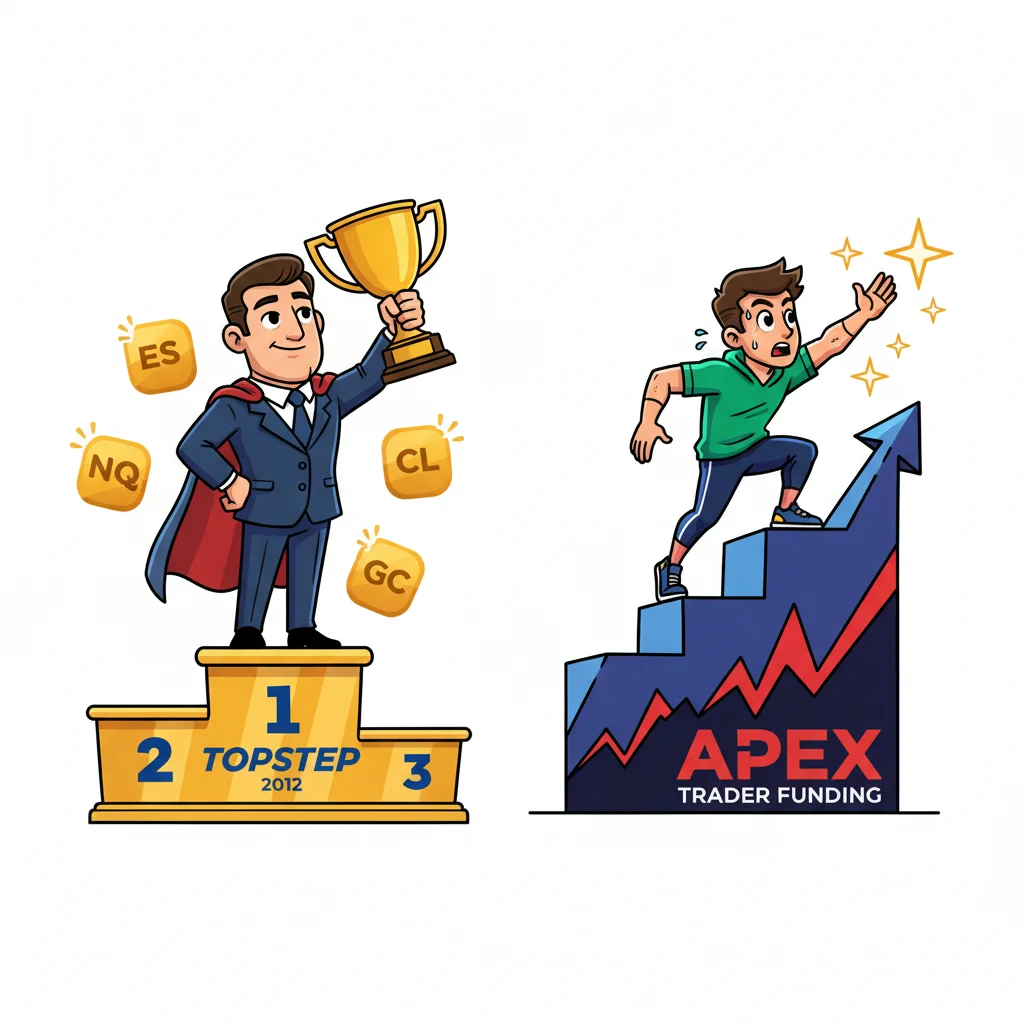 Two cartoon traders side-by-side: experienced Topstep trader on left with trophy and CME product icons; ambitious Apex Trader on right climbing upward with determined expression