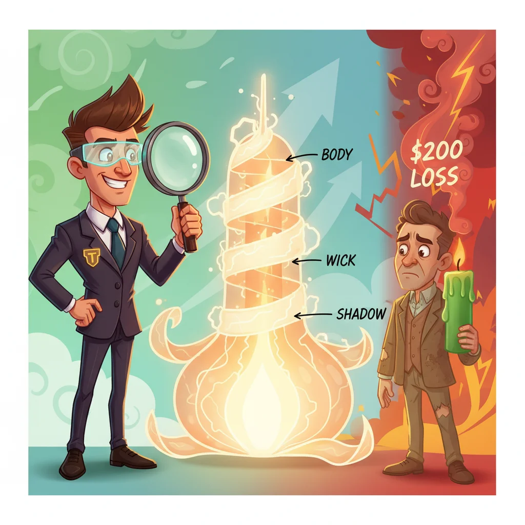 Cartoon trader examining glowing candlestick structure vs. confused trader losing money on unmarked candle