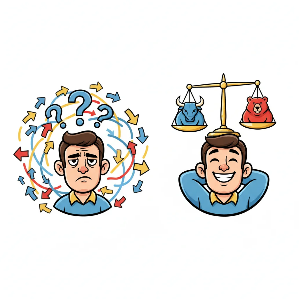 Cartoon illustration of a confused trader on the left with question marks, and a balanced trader on the right with equal bull and bear symbols, representing the Doji candlestick's indecision signal