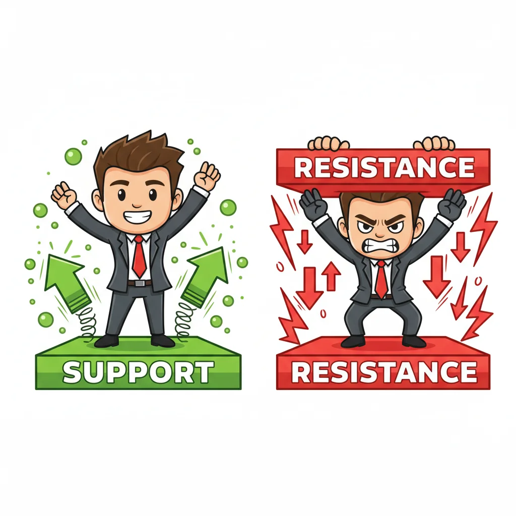 Cartoon trader comparing support floor (bouncing up) versus resistance ceiling (pushing down) concept