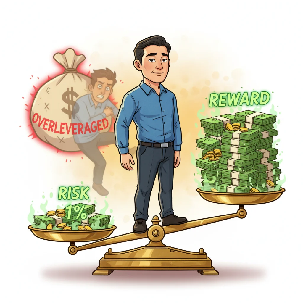 Cartoon trader balancing controlled 1% risk vs. reward on scale, oversized money bag crushing overleveraged trader behind