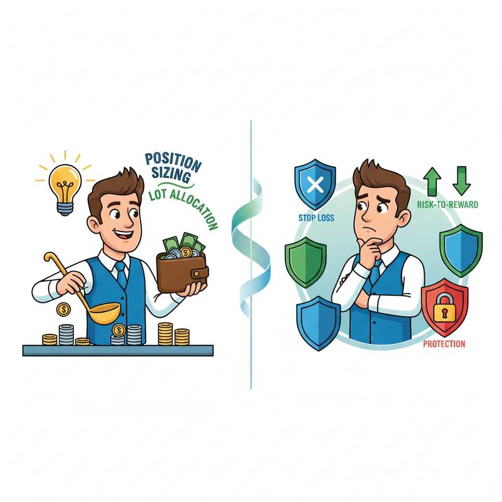 Side-by-side cartoon comparison of a trader managing position sizes on the left versus managing risk protection strategies on the right, showing how these two concepts differ in forex trading