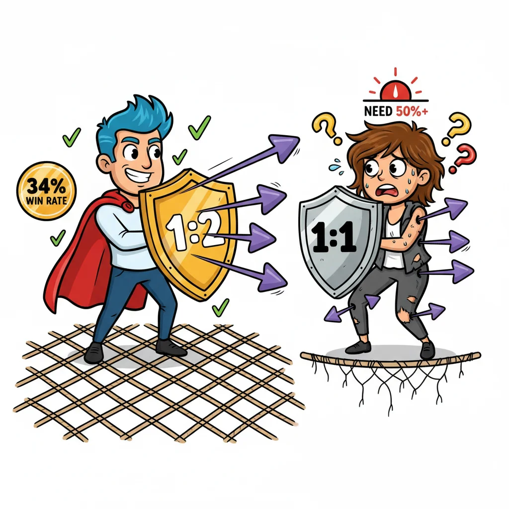 Cartoon comparison of two traders: one protected by 1:2 ratio with strong shield and high win rate badge, one struggling with 1:1 ratio requiring higher win percentage