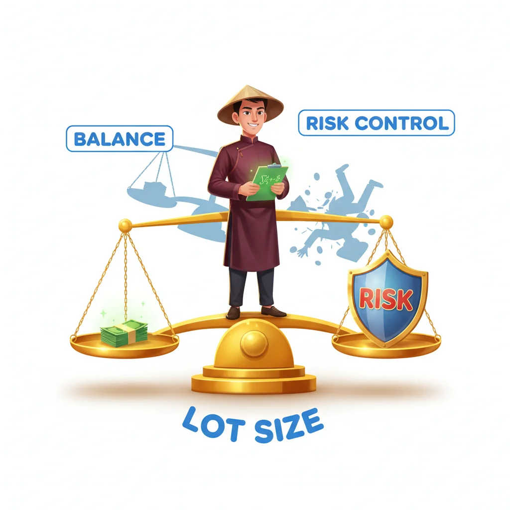 Cartoon trader balancing scale with money and risk shield, symbolizing proper forex lot sizing