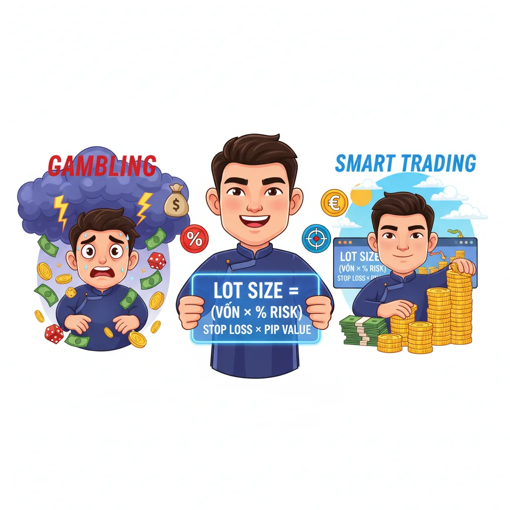 Cartoon comparison showing a confused trader gambling versus a confident trader using the proper lot size formula with four key components: capital, risk percentage, stop loss in pips, and pip value.