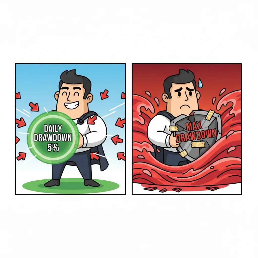 Side-by-side cartoon comparison showing a trader character protected by a daily 5% drawdown shield on the left, versus the same trader overwhelmed by maximum drawdown limits on the right, illustrating prop firm's dual risk management rules.