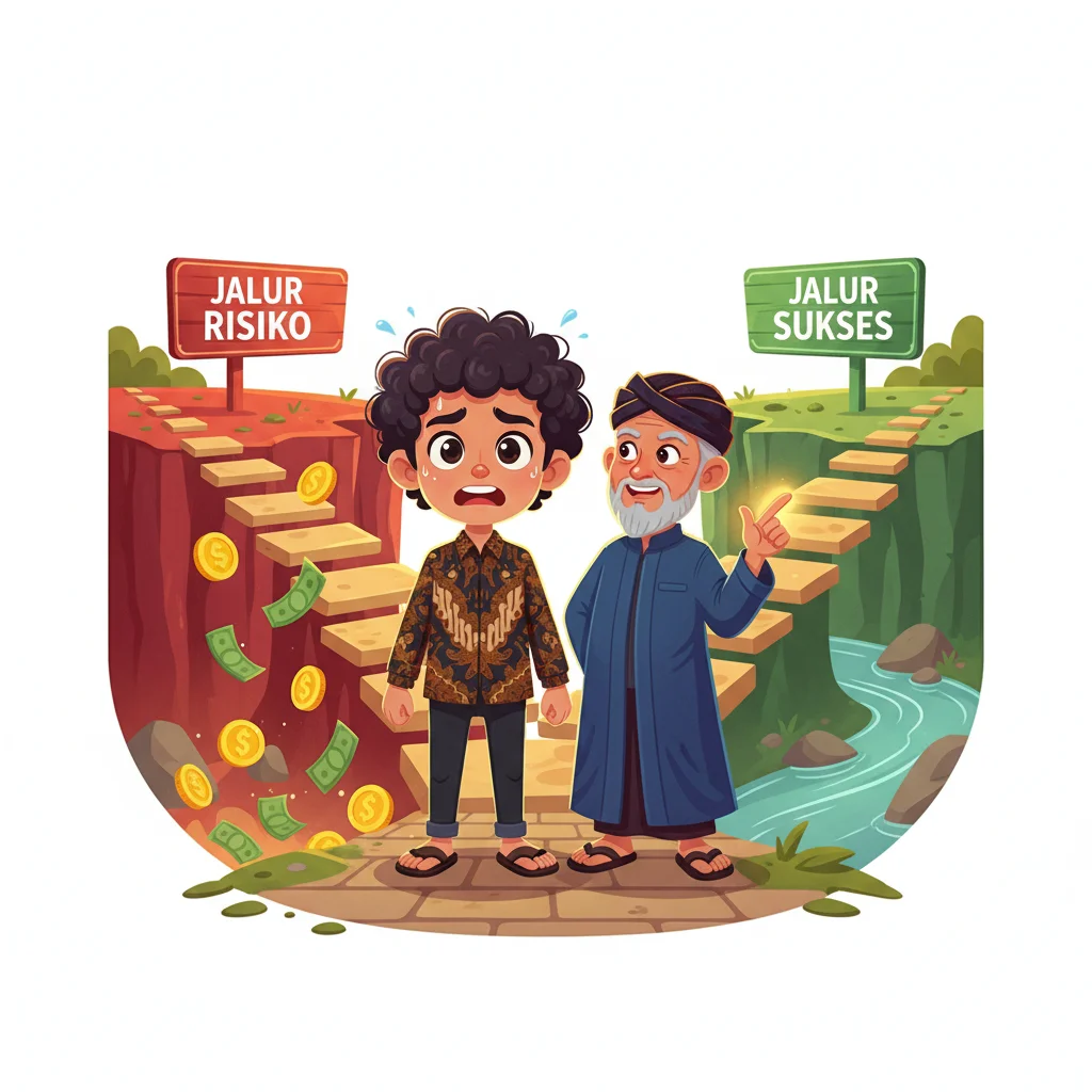 Cartoon trader at crossroads between risky cliff path and safe stepping stones path with mentor guide