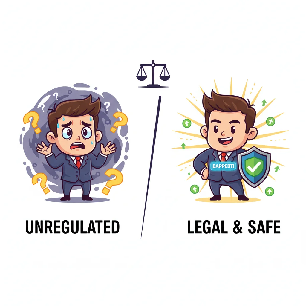 Side-by-side comparison of unregulated vs BAPPEBTI-regulated forex trading, showing confused trader on left and confident trader on right with regulatory checkmark