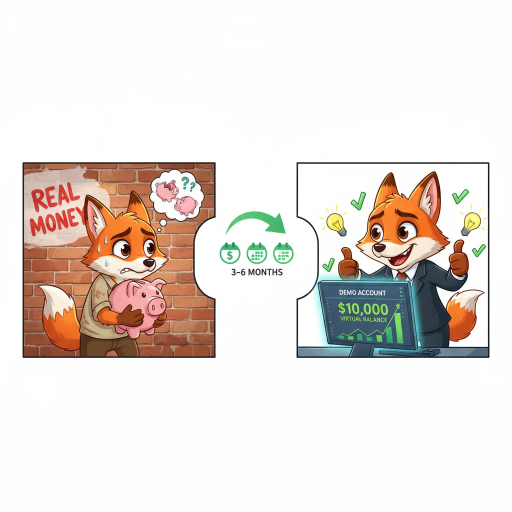 Cartoon comparison of nervous trader protecting real money versus confident trader practicing on demo account with virtual funds over 3-6 months