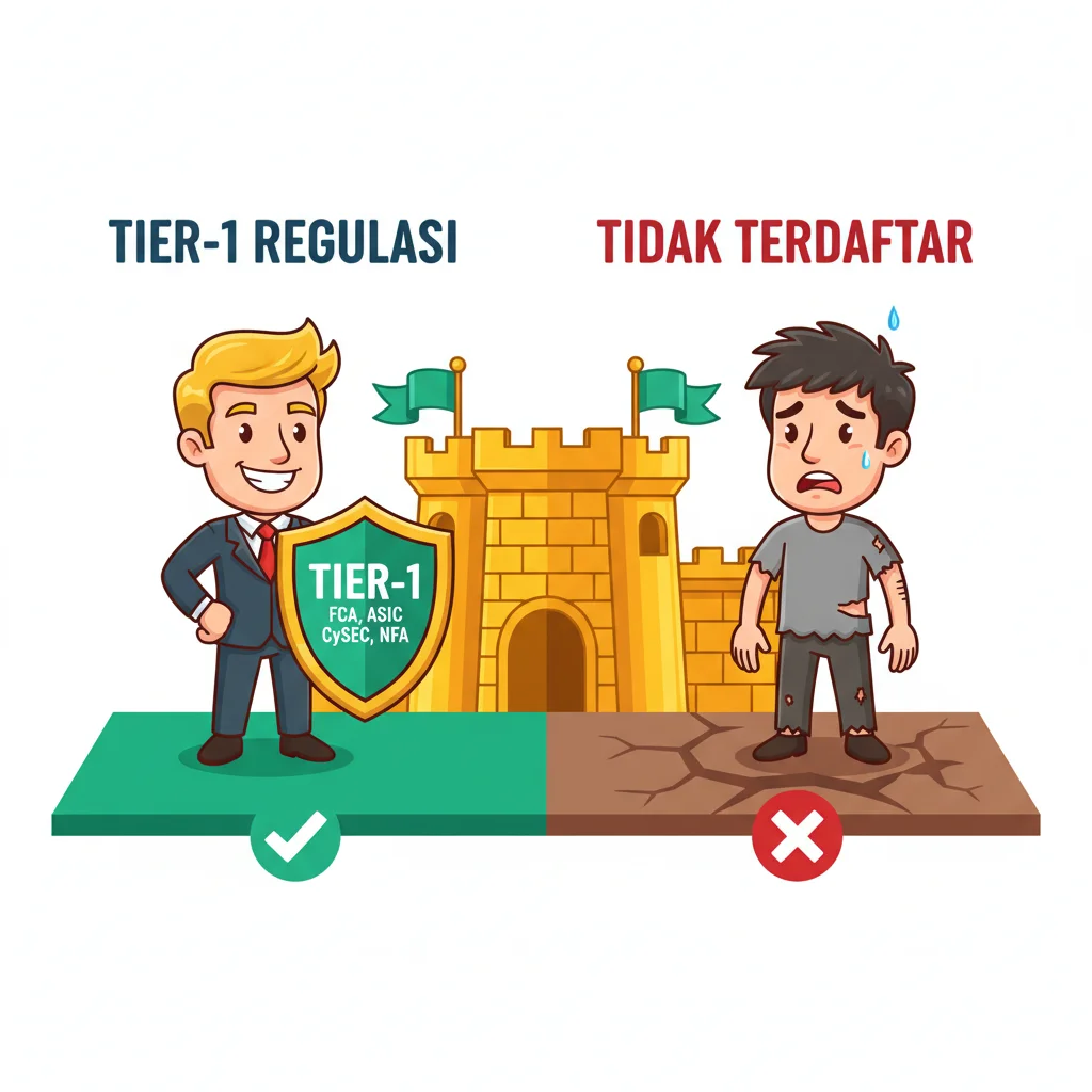 Side-by-side cartoon comparison showing a protected trader with tier-1 broker regulation versus an unprotected trader without proper licensing