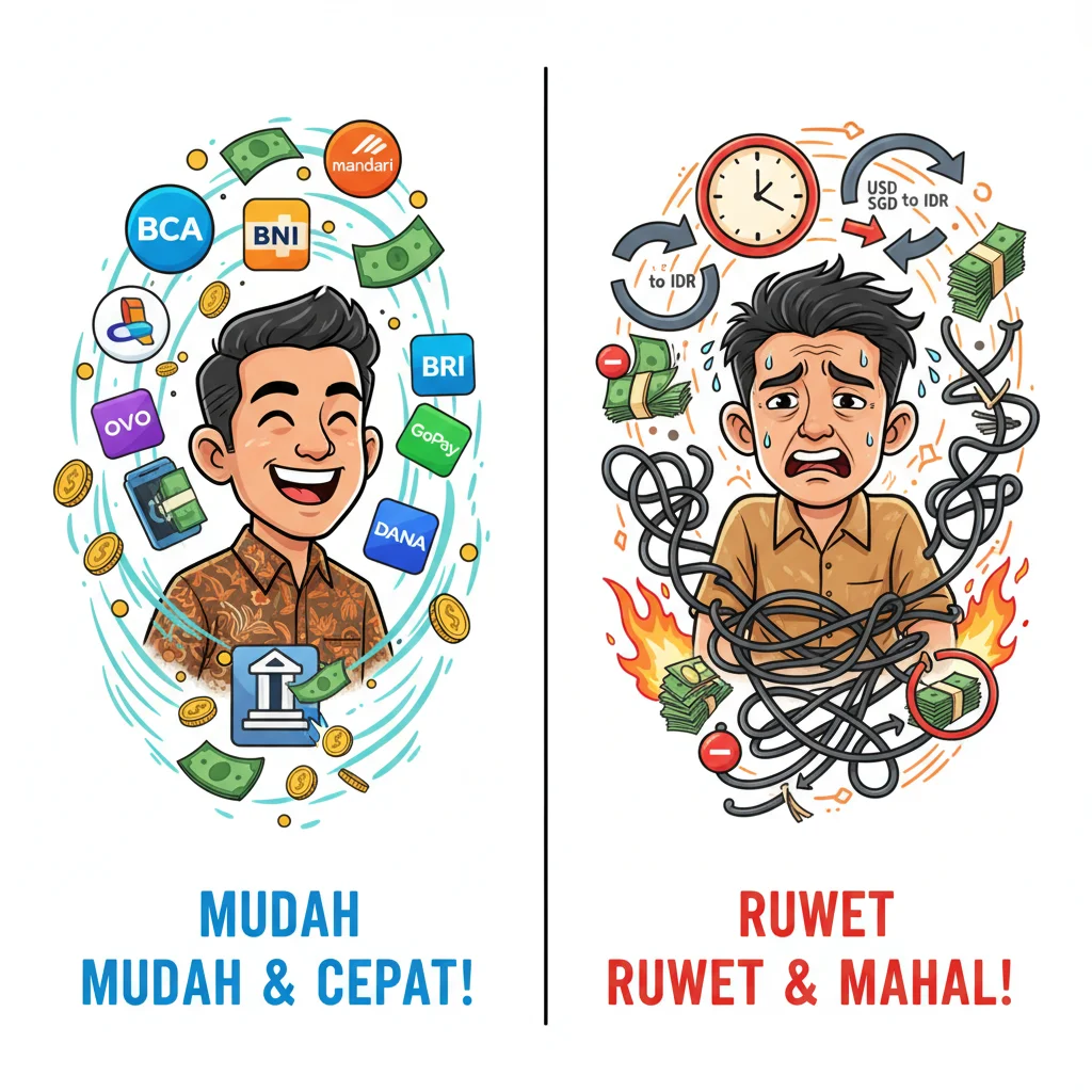 Cartoon comparison of two traders: one happy with quick local bank deposits, one frustrated with slow international wire transfers