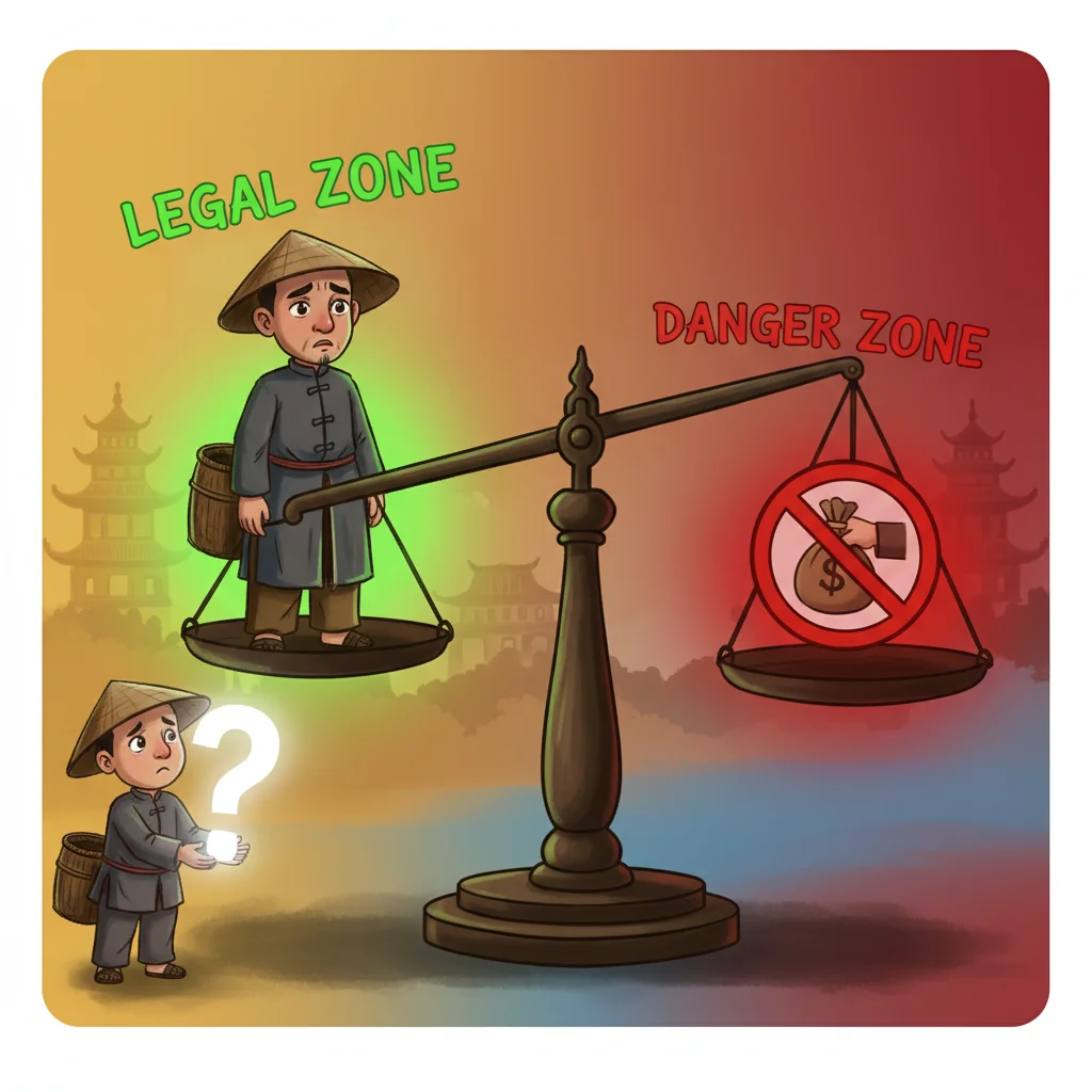 Cartoon trader on balance scale between legal (green) and illegal (red) zones, question mark overhead