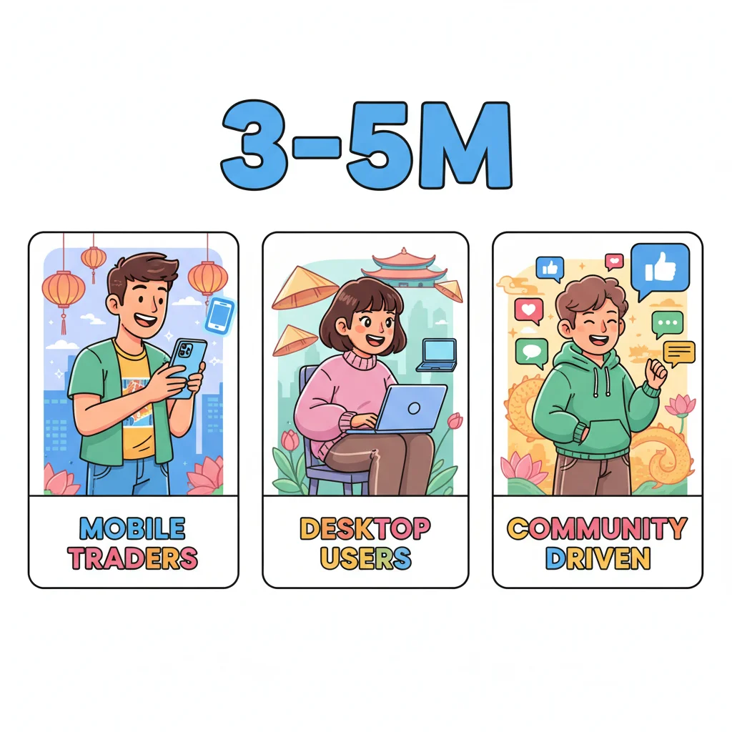 Three cartoon Vietnamese traders representing different trading platforms and communities, illustrating the millions participating in forex trading