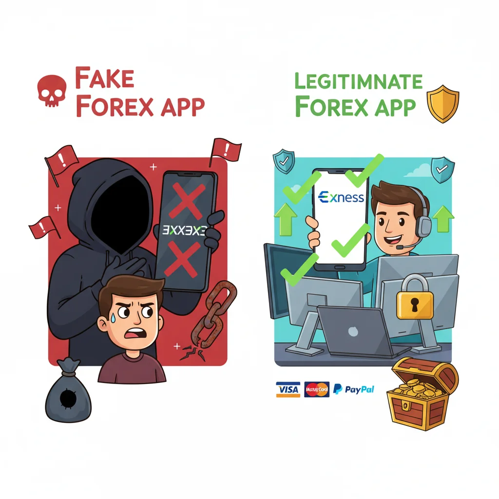 Cartoon comparison of fake vs legitimate forex apps showing warning signs like suspicious logos, unofficial payment methods, and guaranteed profit promises on the fraudulent side