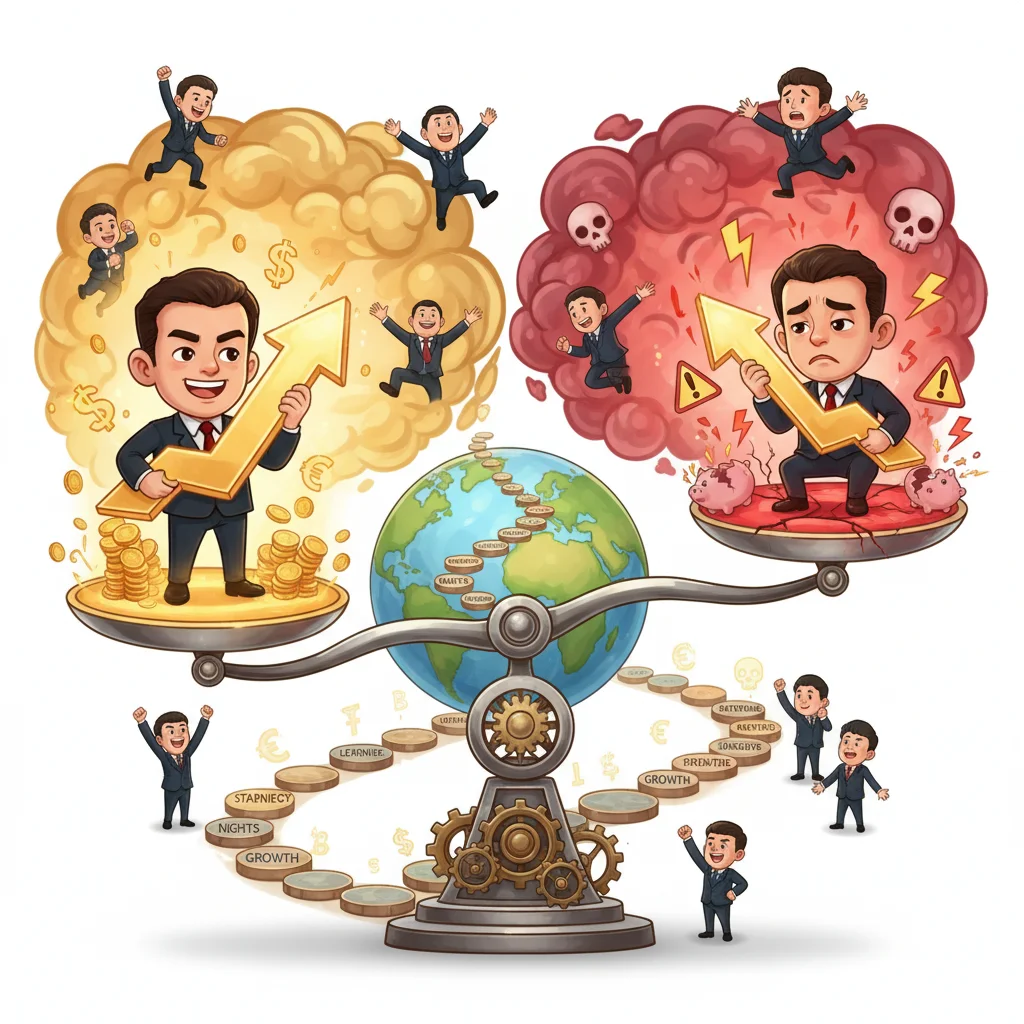 Balance scale showing forex trading risk vs reward with expressive trader characters
