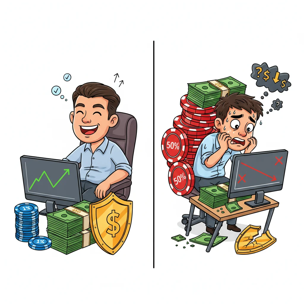 Comparison of two traders with different capital amounts showing emotional and financial impact of underfunding