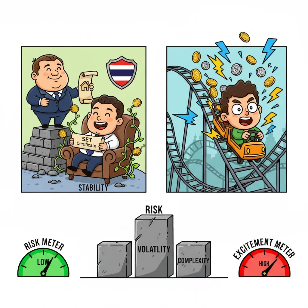 Three cartoon traders comparing investment options: calm SET stock investor, roller-coaster crypto trader, and steady real estate holder, with visual risk indicators from stable to volatile