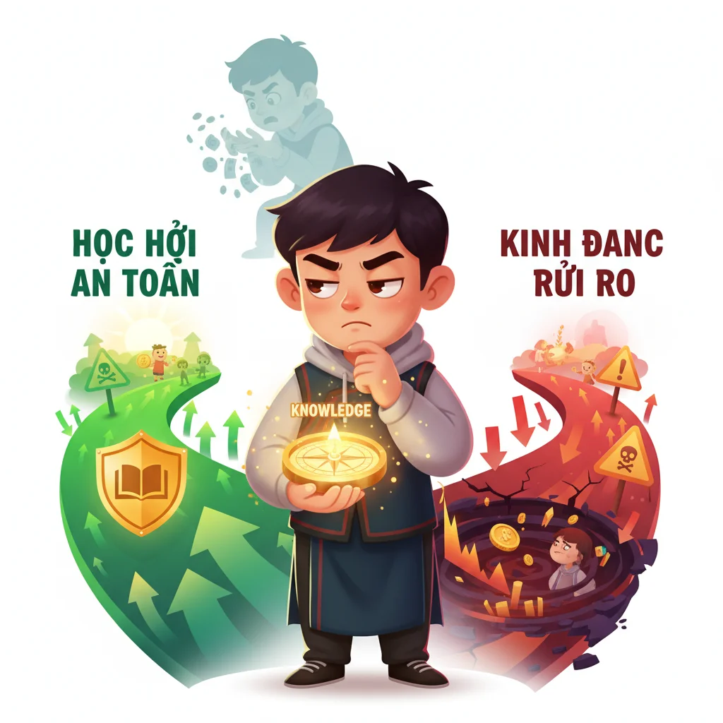 Cartoon trader at crossroads choosing between safe learning path and risky trading without knowledge