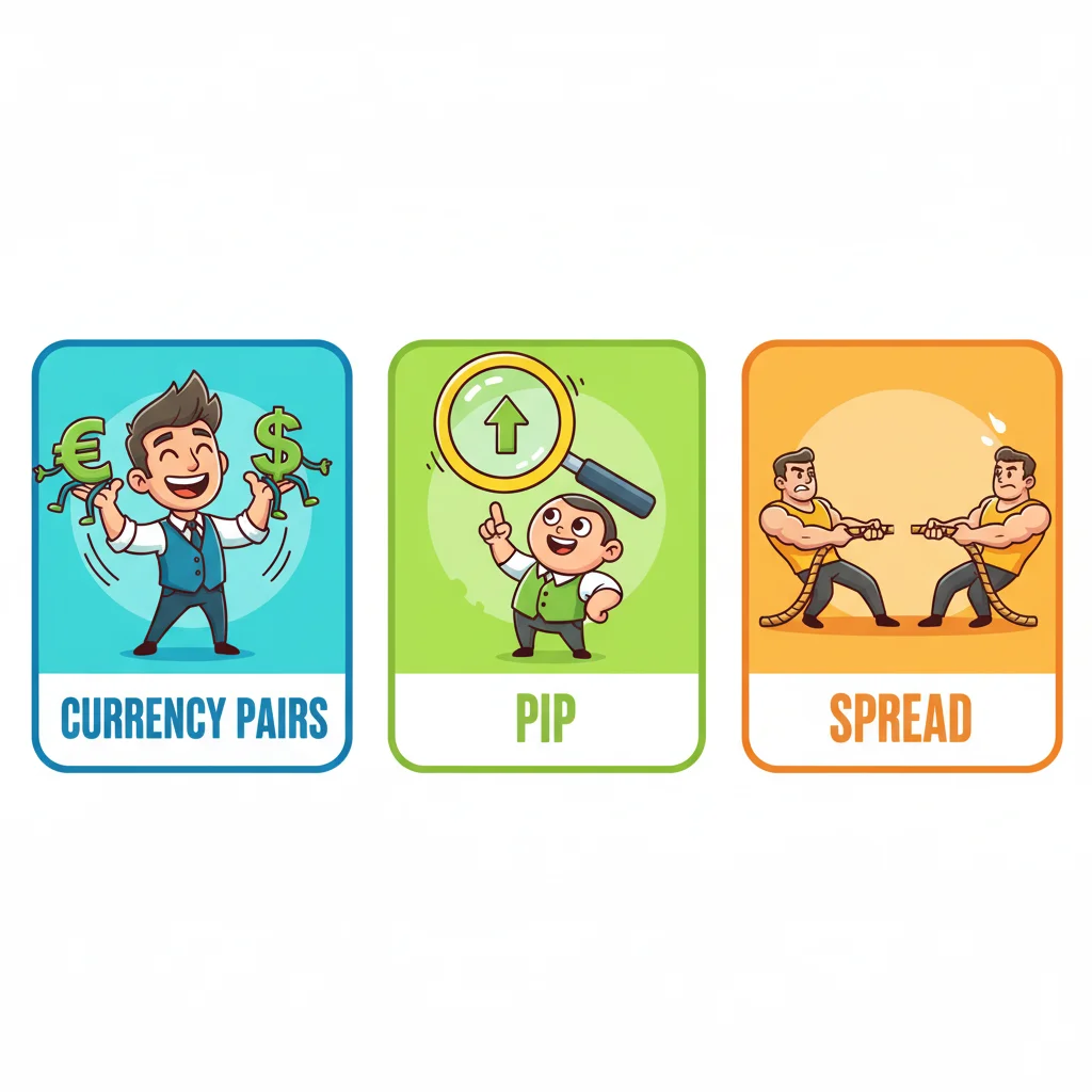 Three cartoon cards showing currency pairs, pips, and spreads as interconnected trading concepts with happy trader characters