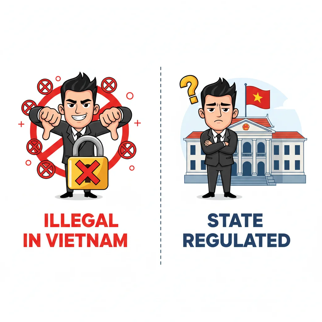 Cartoon comparison showing illegal vs regulated forex activities in Vietnam with contrasting character emotions and government authority imagery