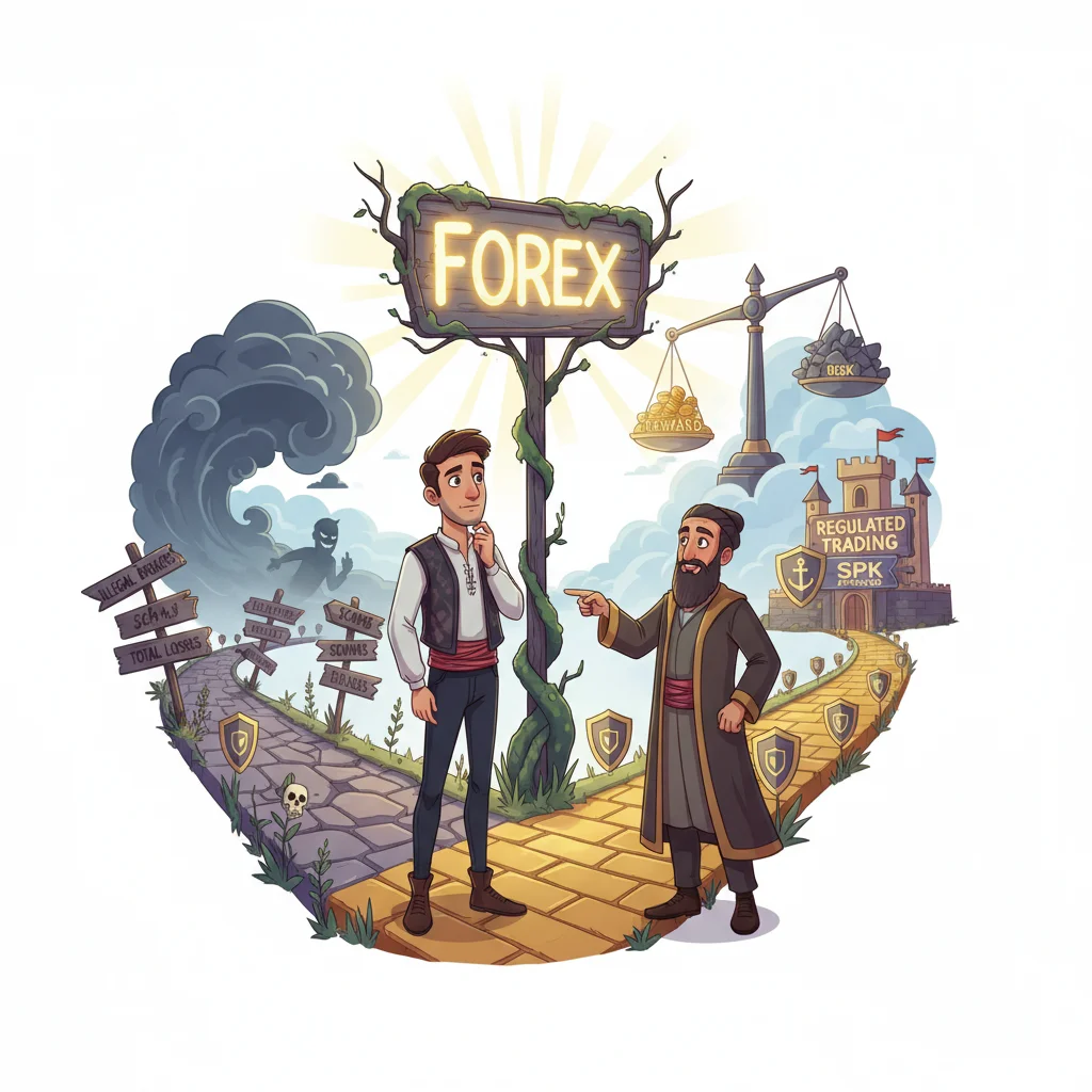 Cartoon trader choosing between safe regulated path and illegal broker trap at crossroads.
