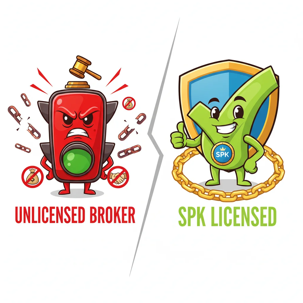 Cartoon comparison of unlicensed vs SPK-licensed forex brokers in Turkey, showing angry red light symbol versus happy green checkmark with shield badge