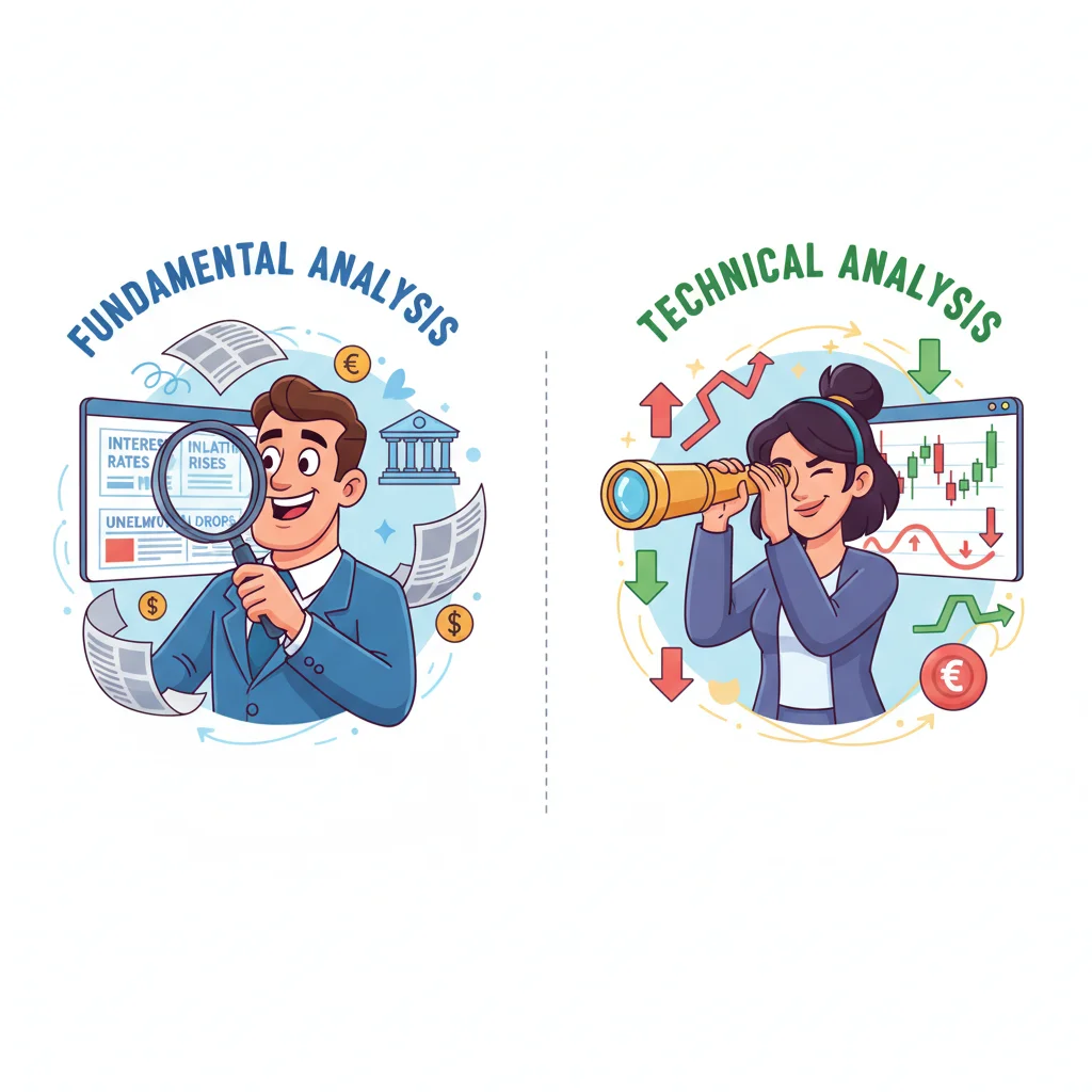 Cartoon comparison of fundamental vs technical analysis approaches in forex trading