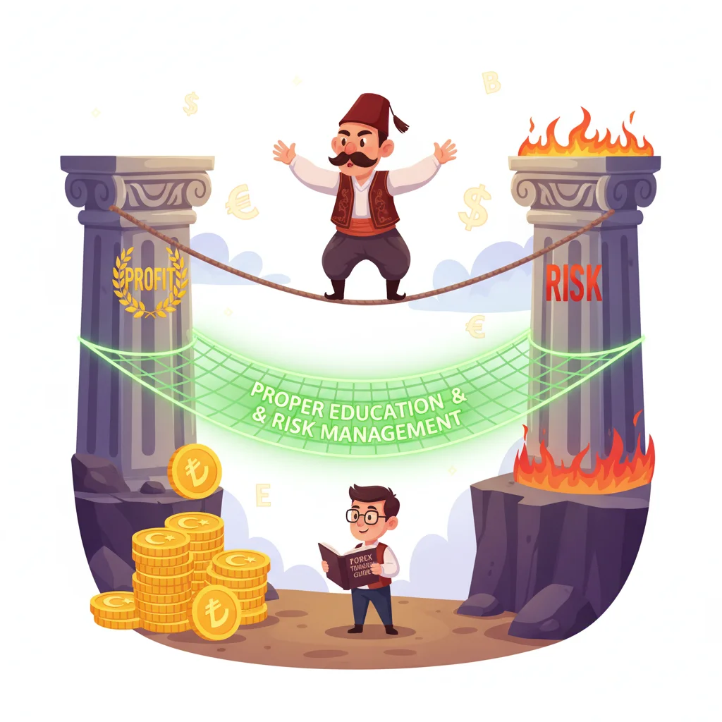 Turkish trader balancing on tightrope between profit and risk, learning journey metaphor
