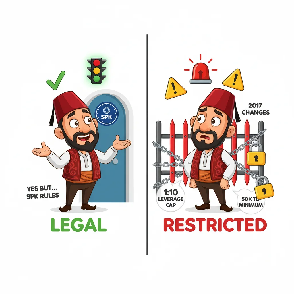 Cartoon comparison showing Turkish trader celebrating legal forex trading on left side versus facing SPK restrictions and leverage limits on right side