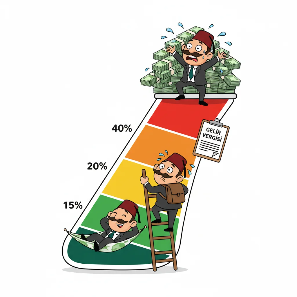 Cartoon trader character on rising tax bracket gauge showing progression from 15% to 40% income tax rates for forex earnings in Turkey