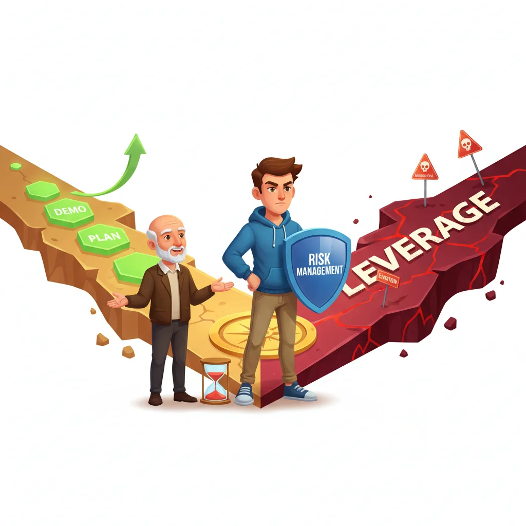 Cartoon trader at crossroads choosing safe demo learning path over dangerous leverage cliff
