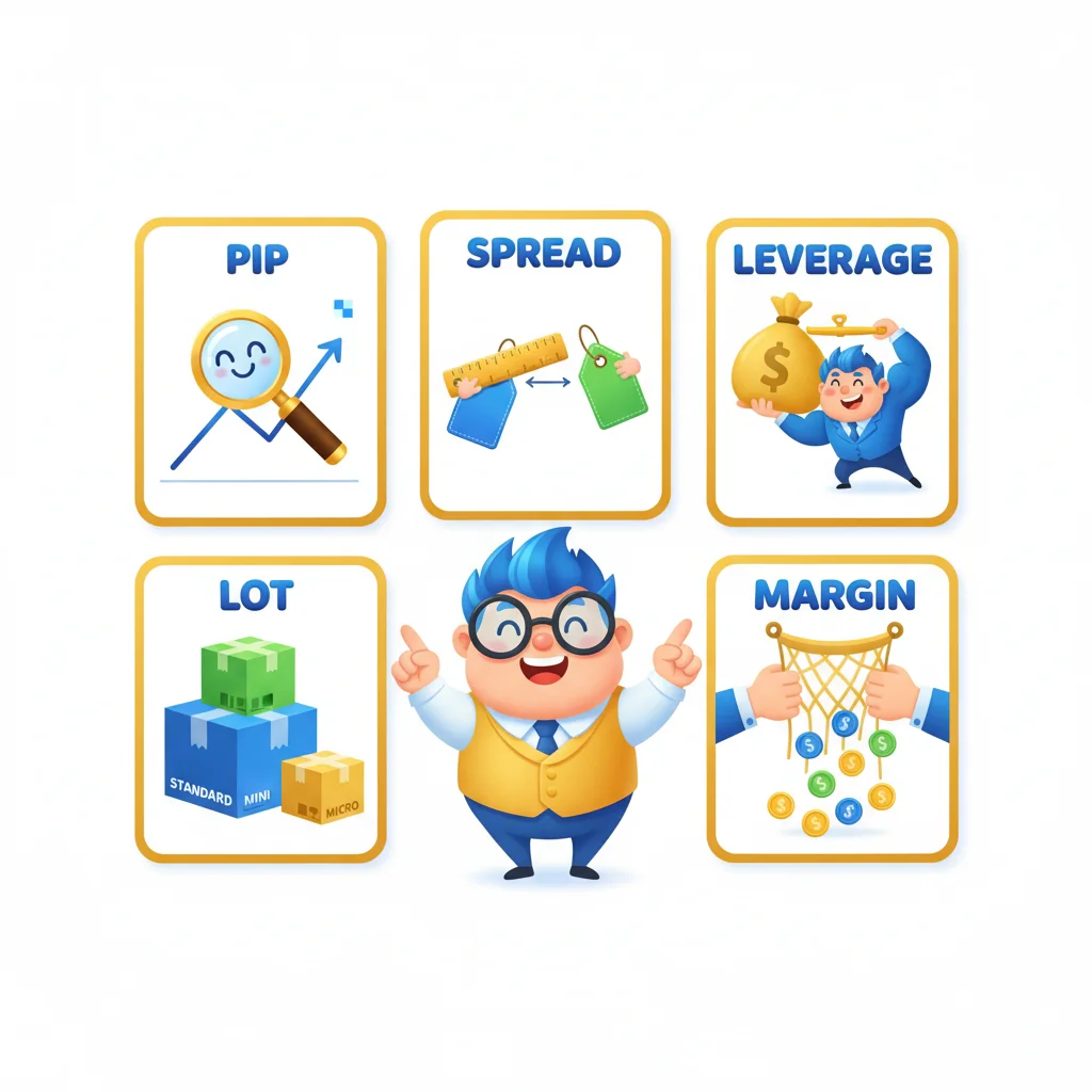 Cartoon-style educational card grid showing 5 forex trading terms (Pip, Lot, Spread, Leverage, Margin) with visual metaphors and a happy trader character