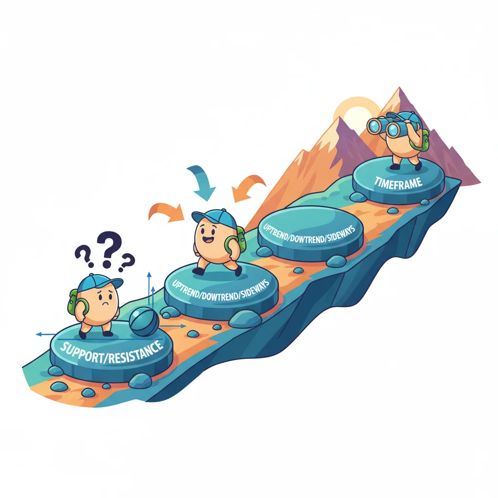 Stepping stones illustration showing beginner forex trader progressing through support/resistance, trend types, and timeframe analysis with cartoon character climbing toward expertise