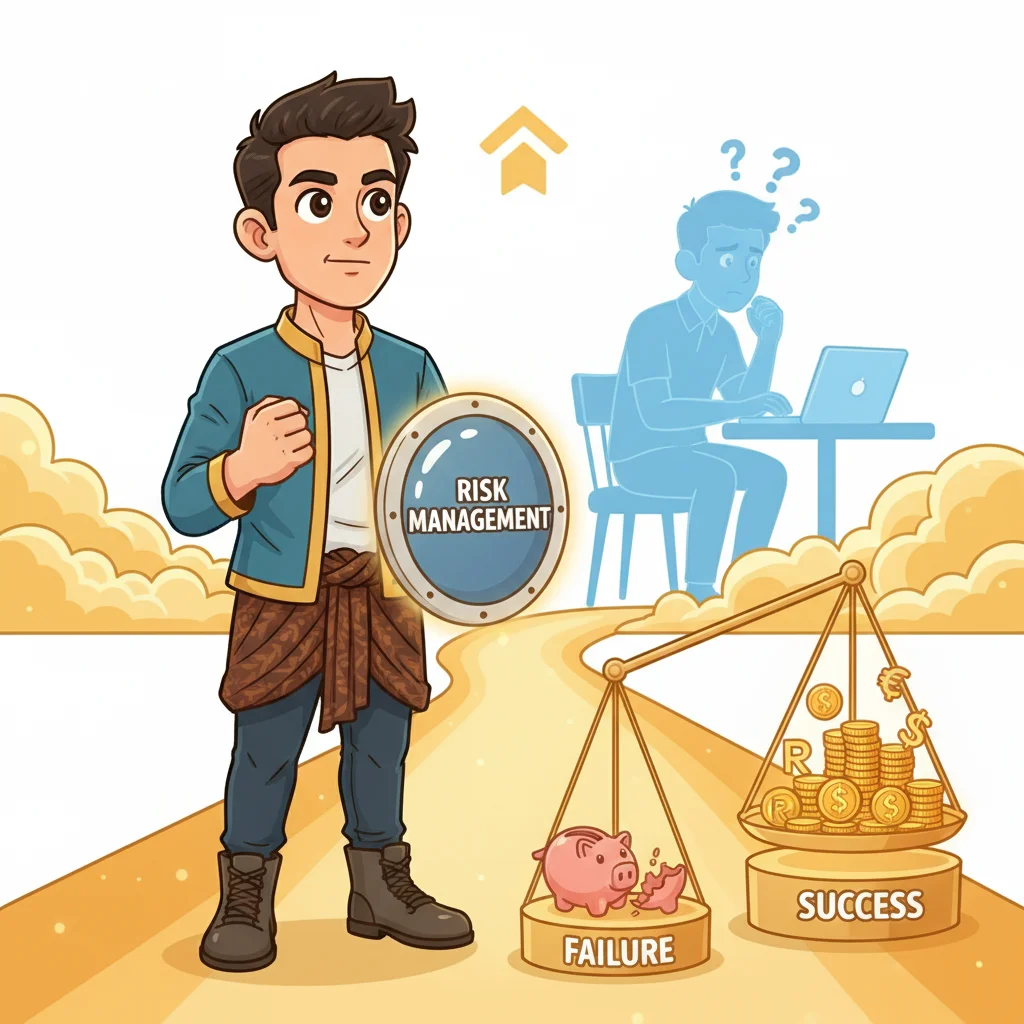 Cartoon trader with shield at crossroads, balance scale showing success path